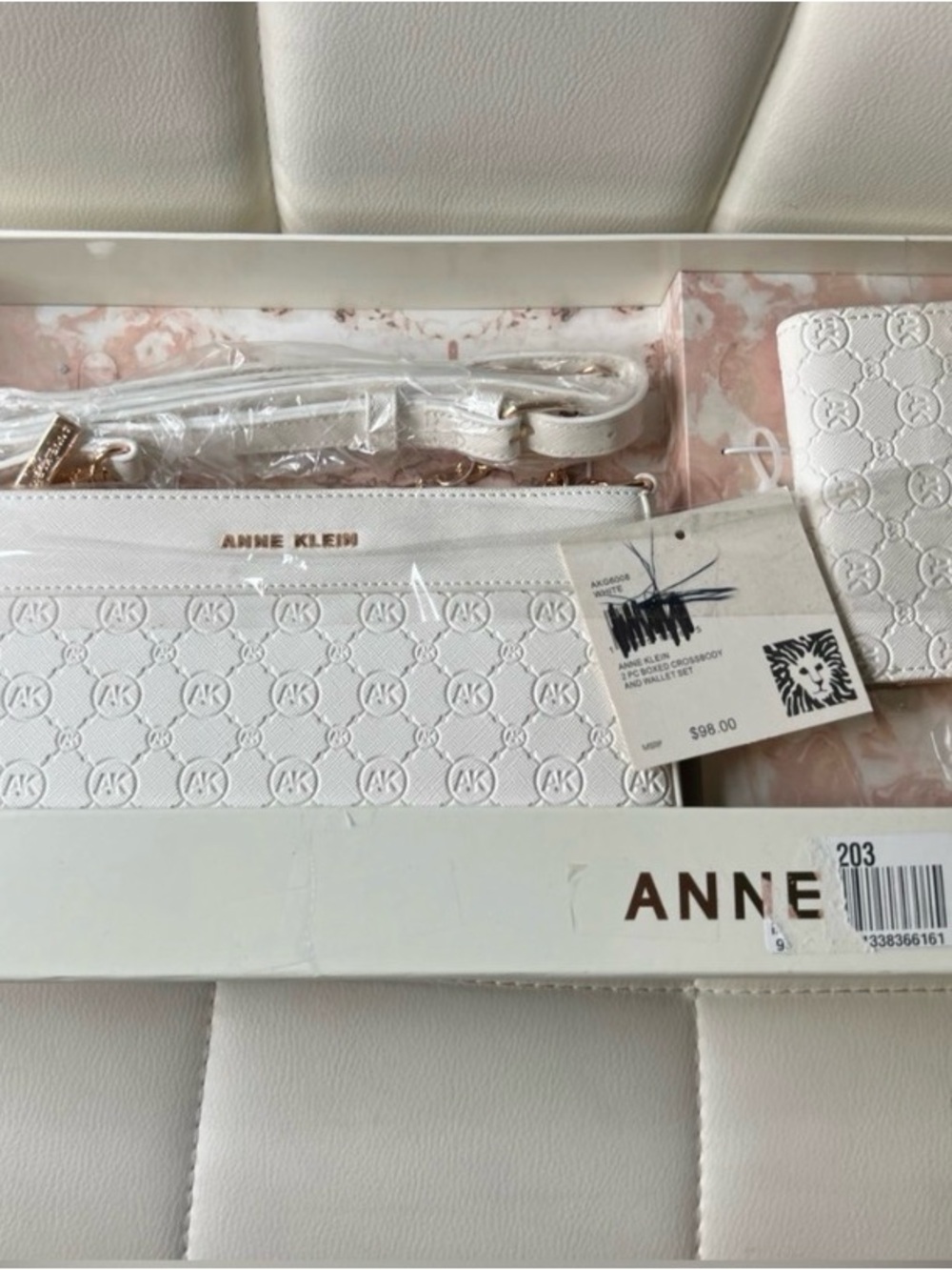 Anne Klein White Embossed Monogram Wristlet Set with Gold Accents